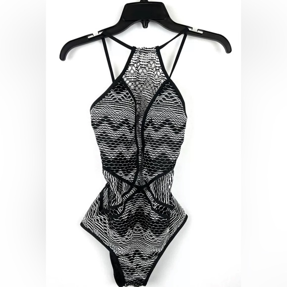 Becca Women’s Black/White Crochet High Neck One Piece Swimsuit Size S